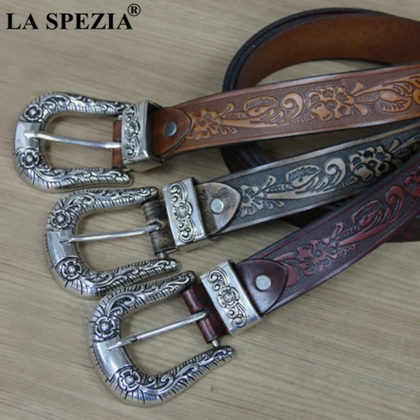 LA SPEZIA Real Leather Belt Men High Quality Camel Pin Belt Male Retro Designer Brand Cowhide Genuine Leather Carving Belt 130cm - Image 5