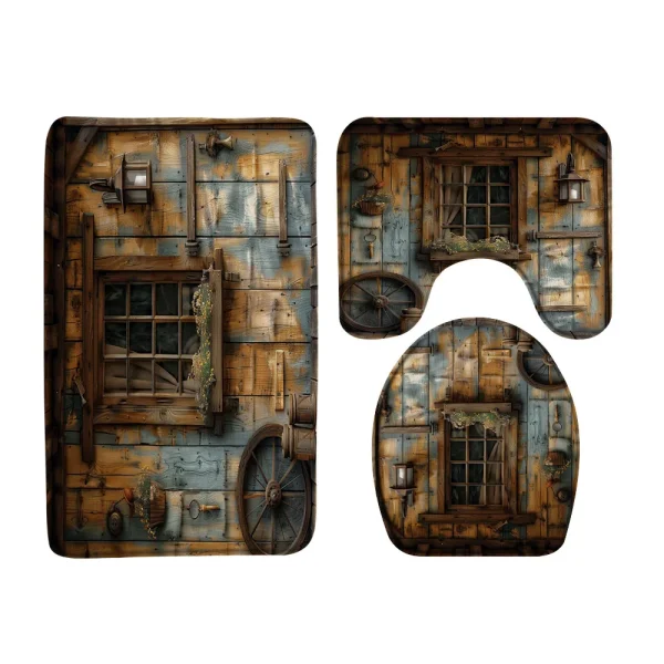 Rustic Wooden Door Shower Curtain Sets With Rug Toilet Cover Bath Mat  Farmhouse Western Vintage Wheel Plants Bathroom Curtains - Image 8