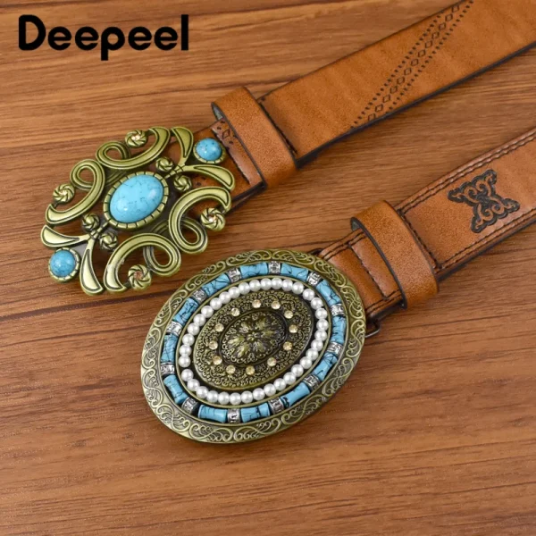 1Pc Deepeel 3.8*115cm Fashion Women's Vintage Leather Belt Luxury Stone Buckles Embossed Waistband for Jeans Female Waist Corset - Image 5