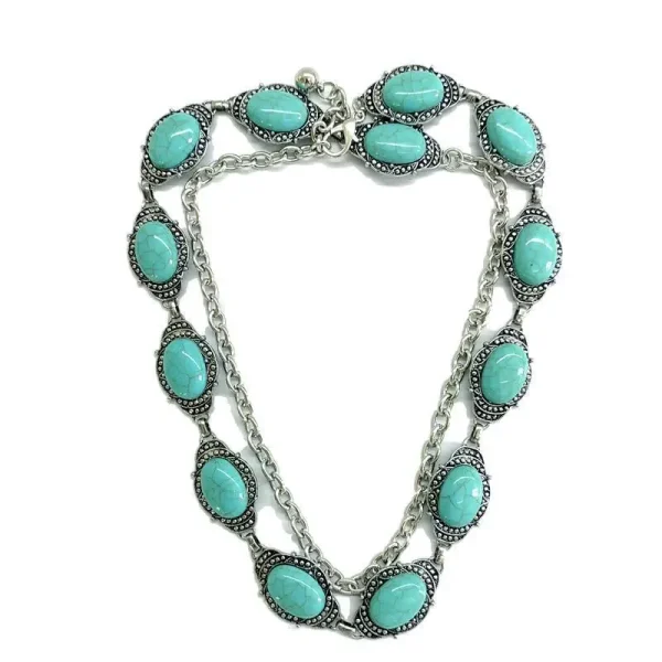 Bohemia Western Oval Concho Big Turquoise Stone Chain Belt Silvertone Metal WaistChain Retro Boho Cowgirl Outfit Accessor Cowboy - Image 5