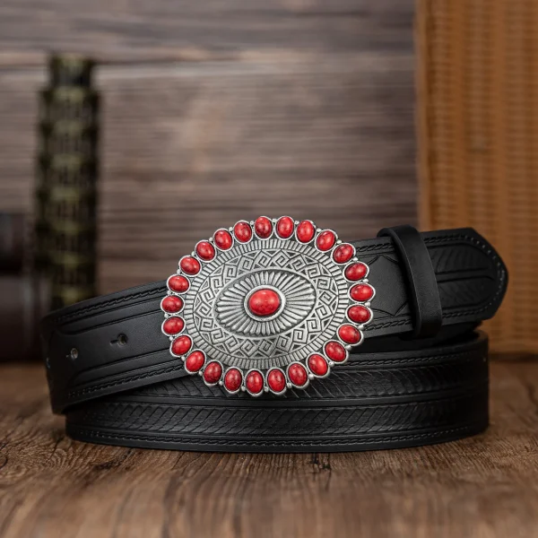 Red sapphire oval big plate buckle simple matching stripe PU embossed button belt - Image 7