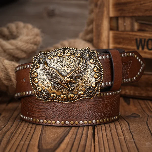 Men Women-Western-Cowboy-PU Leather-Belts - Vintage Belt Floral Engraved Buckle Belt for Jeans - Image 2