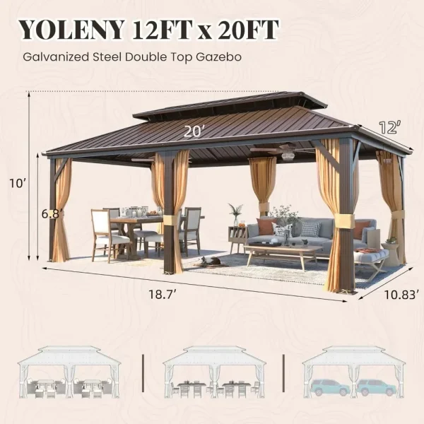 12' X 20'Hardtop Gazebo,Galvanized Steel Ventilation Double Roof Aluminum Frame,Outdoor Gazebo for Garden, Patio, Lawns, Parties - Image 5