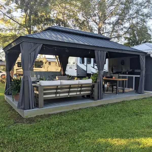12' X 20'Permanent Hardtop Gazebo with Galvanized Steel Double Roof for Patio Lawn and Garden, Curtains and Netting Included