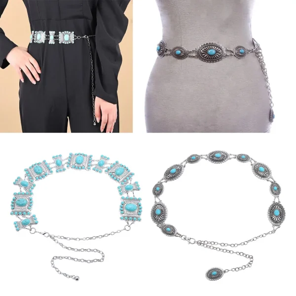 Beach Carved Flower Tribal Tassel Waist Chain Beads Natural Turquoise Chain - Image 2