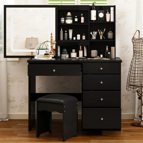 Vanity Set Makeup Vanity Dressing Table with Sliding Lighted Mirror, 5 Drawers, Dresser Desk and Cushioned Stool Set (White A) - Image 13