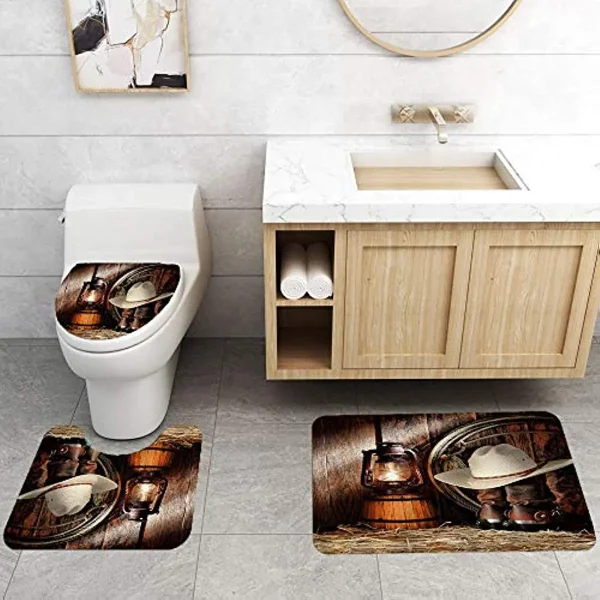 Western Cowboy Bathroom Shower Curtain And Rug Set Brown Barn Wood Panels Vintage Rustic Farmhouse Bathroom Decor Non-Slip Mat - Image 5