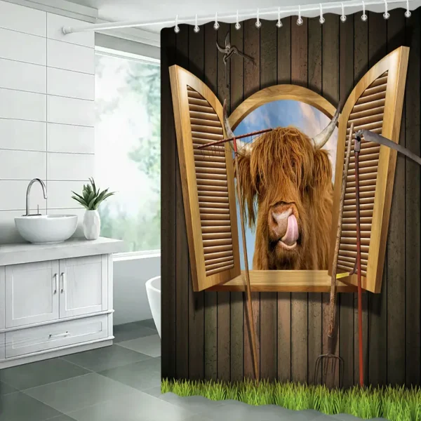 Funny Highland Cow Shower Curtain Set Western Bull Portrait Brown Wooden Panel Non-Slip Carpet Toilet Cover Bathroom Decorative - Image 23