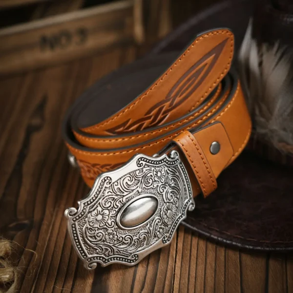 Western Cowboy PU Leather Belt - Men Waist Strap Bull Decoration Floral Engraved for Jeans - Image 2