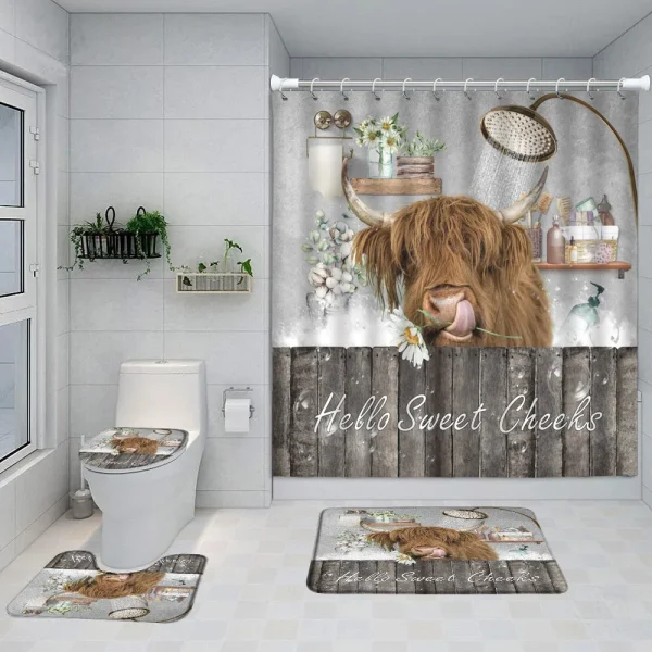 Funny Highland Cow Shower Curtain Set Western Bull Portrait Brown Wooden Panel Non-Slip Carpet Toilet Cover Bathroom Decorative - Image 11