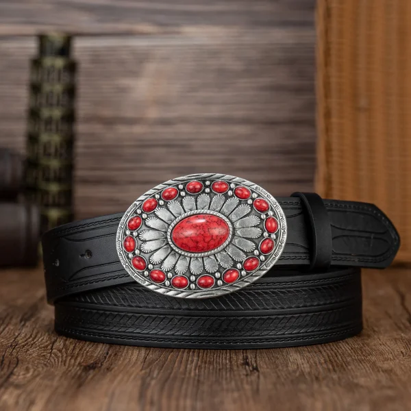 Red sapphire oval big plate buckle simple matching stripe PU embossed button belt - Image 8