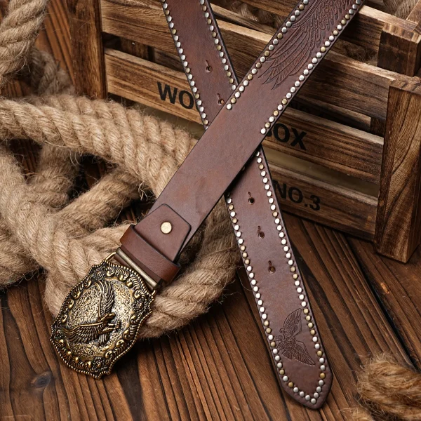 Men Women-Western-Cowboy-PU Leather-Belts - Vintage Belt Floral Engraved Buckle Belt for Jeans - Image 6