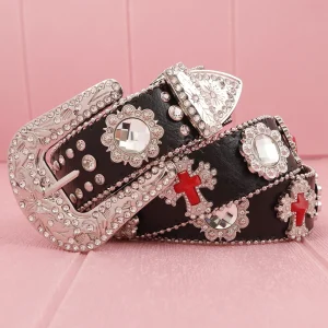 Men Women Rhinestone Belt Bling Western Studded Leather Belt Shining Diamond with beads Waist Belt for Cowgirl Cowboy Jeans