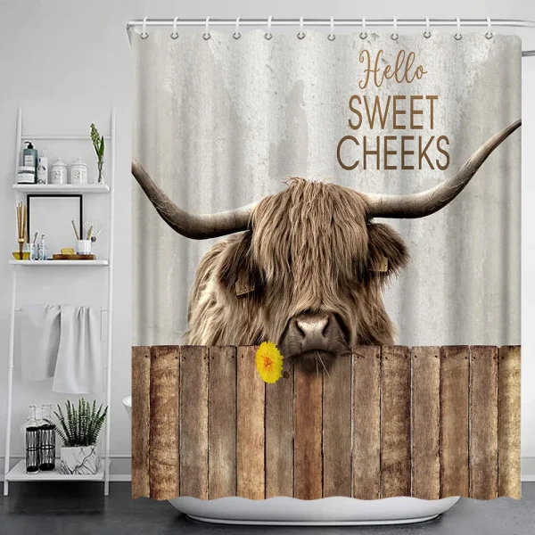 Funny Highland Cow Shower Curtain Set Western Bull Portrait Brown Wooden Panel Non-Slip Carpet Toilet Cover Bathroom Decorative - Image 31