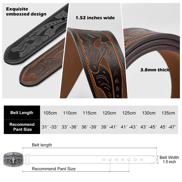 BISON DENIM Mens Belt Western Embossed Genuine Leather Men Cowboy Belts With Longhorn Bull Buckle Pattern Floral Belt For Men - Image 5