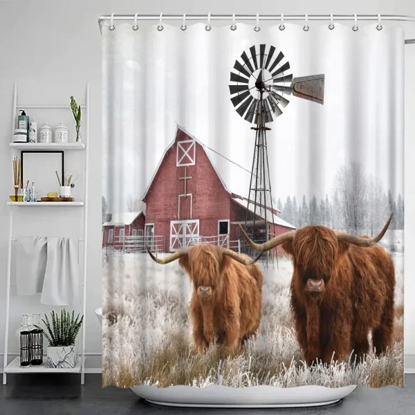 Funny Highland Cow Shower Curtain Set Western Bull Portrait Brown Wooden Panel Non-Slip Carpet Toilet Cover Bathroom Decorative - Image 34