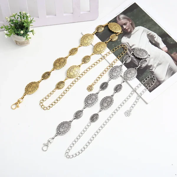 1pc Timeless Boho Oval Engraved Waist Chain - A Vintage Metal Belt Decoration & Body Jewelry Accent for Womens Fashion - Image 3