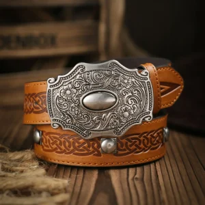 Western Cowboy PU Leather Belt - Men Waist Strap Bull Decoration Floral Engraved for Jeans