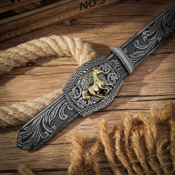 Western Cowboy PU Leather Belt - Men Waist Strap Bull Decoration Floral Engraved for Jeans - Image 4