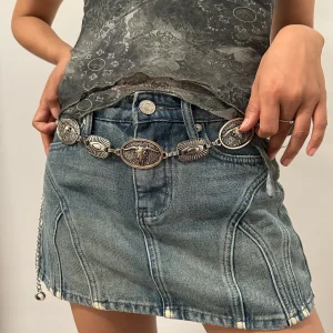 Vintage Silver Metal Waist Chain Belt Sun Bull Coins Designer Belts For Women High Quality Punk Gothic Y2K Waistband Female