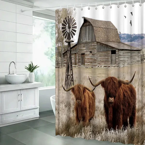 Funny Highland Cow Shower Curtain Set Western Bull Portrait Brown Wooden Panel Non-Slip Carpet Toilet Cover Bathroom Decorative - Image 19