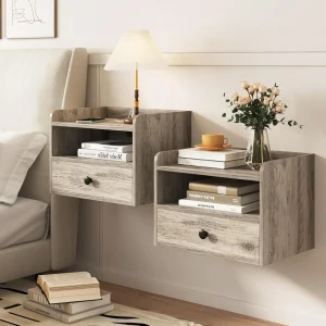 Floating Nightstand Set of 2 with Charging Station and Drawer Small Bedside End Table with Outlet Modern Floating Night Sta