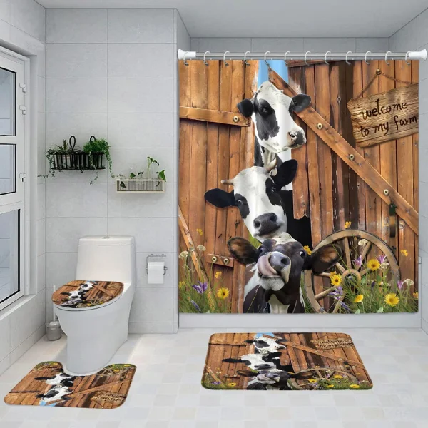 Funny Highland Cow Shower Curtain Set Western Bull Portrait Brown Wooden Panel Non-Slip Carpet Toilet Cover Bathroom Decorative - Image 16