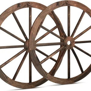 2 Pcs Wagon Wheel Decor Wooden Western Cowboy Party Decorations Vintage Rustic Wagon Wheel Wood Cartwheel Decor for Bar Garage