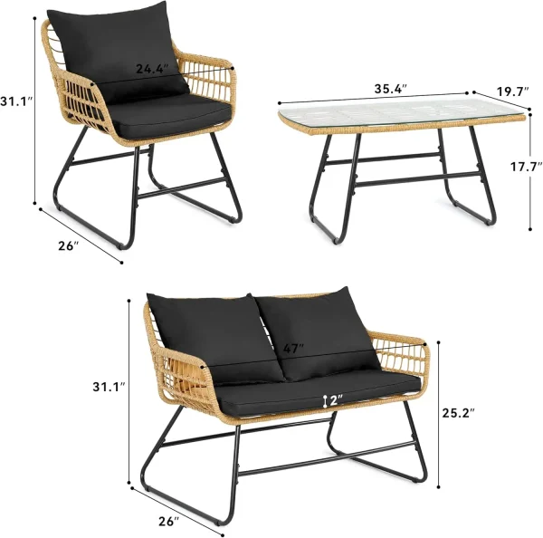 YITAHOME Patio Furniture Wicker Outdoor Bistro Set 4-Piece All Weather Rattan Conversation Loveseat Sets Deck Light Brown+Black - Image 2