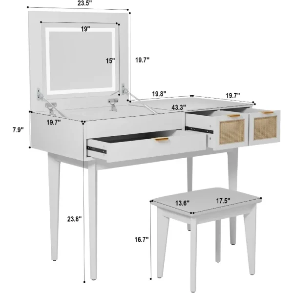 Vanity Desk with LED Lighted Mirror, Desktop Openable Dresser,Makeup Table with Drawers & Cabinet,Storage Stool,for Bedroom - Image 5