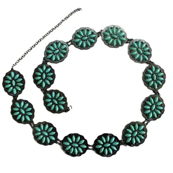 Natural turquoise metal carved retro belt Stylish Bohemian folk chic hip hop accessories women's party dress waist chain - Image 11
