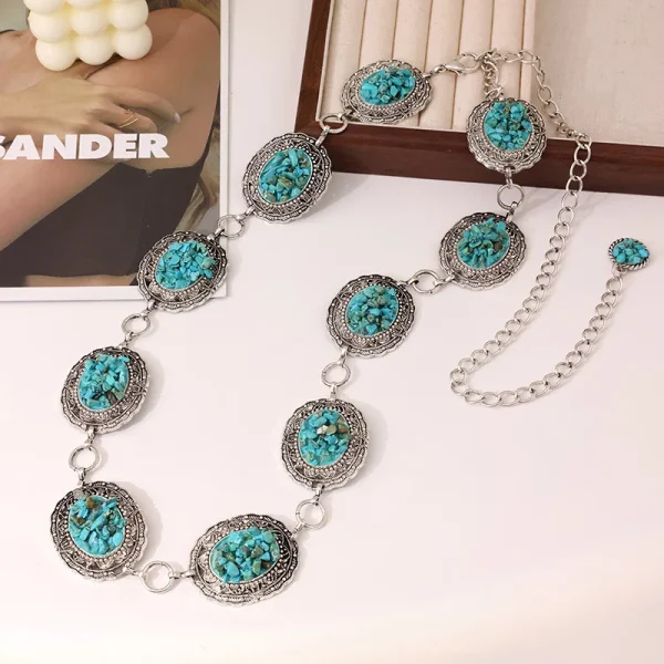 Bohemian retro metal chain turquoise carved waist chain exquisite fashion women dress shirt belt 2025 new model - Image 2