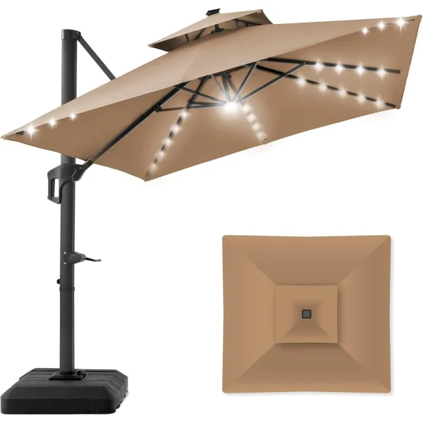 Best Choice Products 10x10ft 2-Tier Square Cantilever Patio Umbrella with Solar LED Lights Offset Hanging Outdoor Sun Shade Tan - Image 2