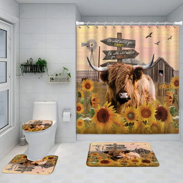 Funny Highland Cow Shower Curtain Set Western Bull Portrait Brown Wooden Panel Non-Slip Carpet Toilet Cover Bathroom Decorative - Image 9