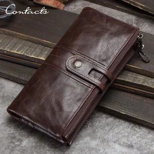 CONTACT'S Genuine Leather Long Wallets for Men Vintage Card Holder Coin Purses Money Clips Phone Pocket Male Name Engrave Wallet