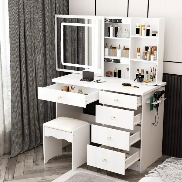 Vanity Set Makeup Vanity Dressing Table with Sliding Lighted Mirror, 5 Drawers, Dresser Desk and Cushioned Stool Set (White A) - Image 8