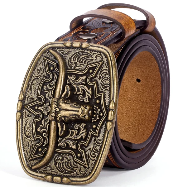 BISON DENIM Mens Belt Western Embossed Genuine Leather Men Cowboy Belts With Longhorn Bull Buckle Pattern Floral Belt For Men - Image 7