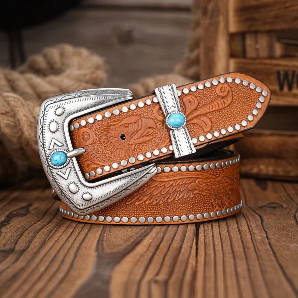 Men Women-Western-Cowboy-PU Leather-Belts - Vintage Belt Floral Engraved Buckle Belt for Jeans - Image 4