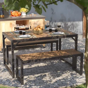 3 Piece Outdoor Wood Picnic Table Beer Bench Dining Set Faux Wood Tabletop