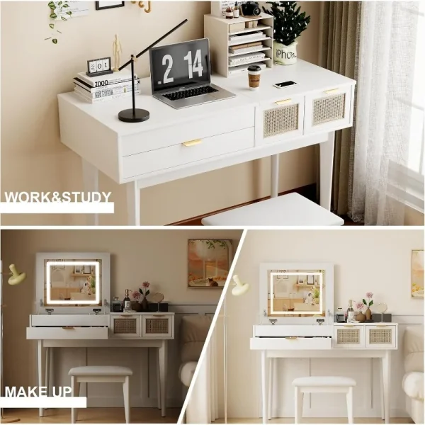 Vanity Desk with LED Lighted Mirror, Desktop Openable Dresser,Makeup Table with Drawers & Cabinet,Storage Stool,for Bedroom - Image 6