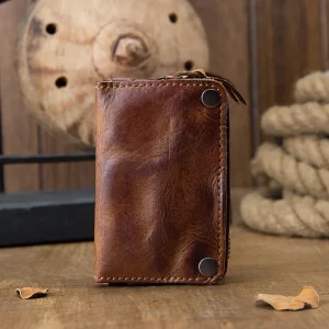 Vintage Key Pouch Zipper Key Wallet Cowhide Key Bag Simple Compact Large Capacity Multifunctional Keychain Storage Bag for Men
