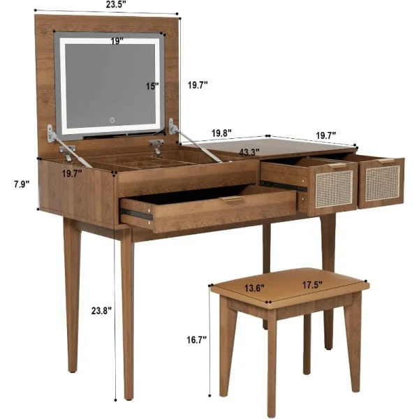 Vanity Desk with LED Lighted Mirror, Desktop Openable Dresser,Makeup Table with Drawers & Cabinet,Storage Stool,for Bedroom - Image 4