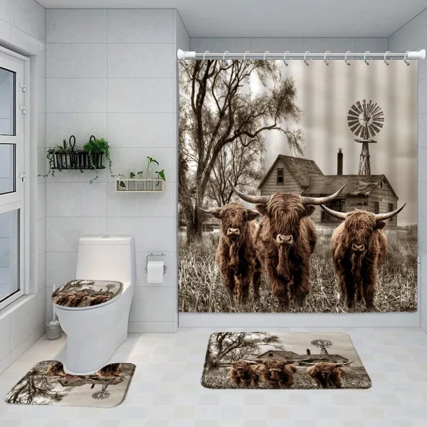 Funny Highland Cow Shower Curtain Set Western Bull Portrait Brown Wooden Panel Non-Slip Carpet Toilet Cover Bathroom Decorative - Image 7