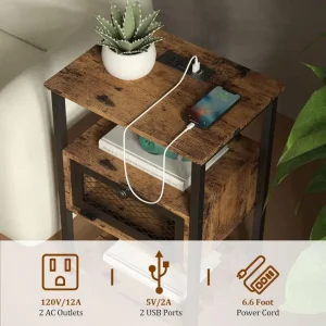 Side Tables with Charging Station and Drawer Set of 2 Night Stands with USB Ports 3 Tier Narrow Bedside Table