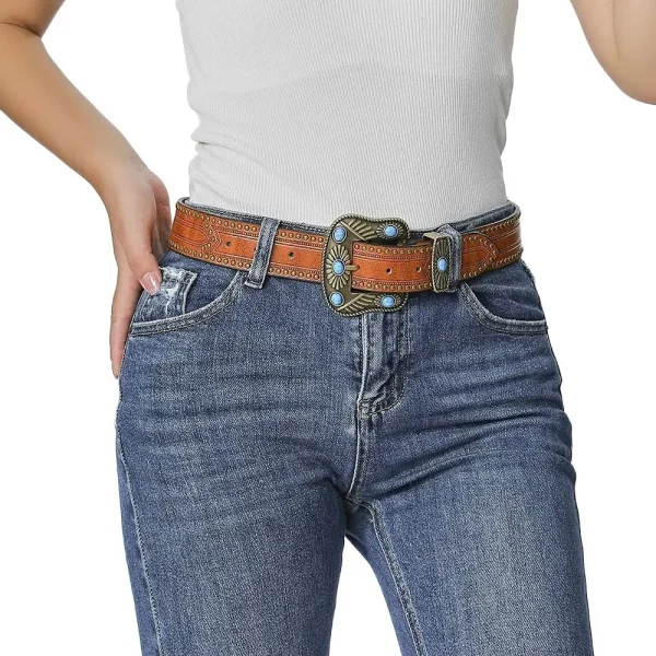 Retro Western Belts for Women Vintage Floral Engraved Leather Belt for Jeans Pant, Fashion PU Leather Bohemian Cowboy Belts - Image 5