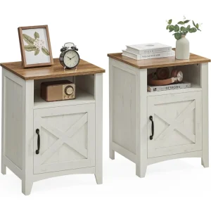 Farmhouse Nightstand with Barn Door, Set of 2, Bedside Table with Storage, Side End Tables, Night Stand with Open Compartment
