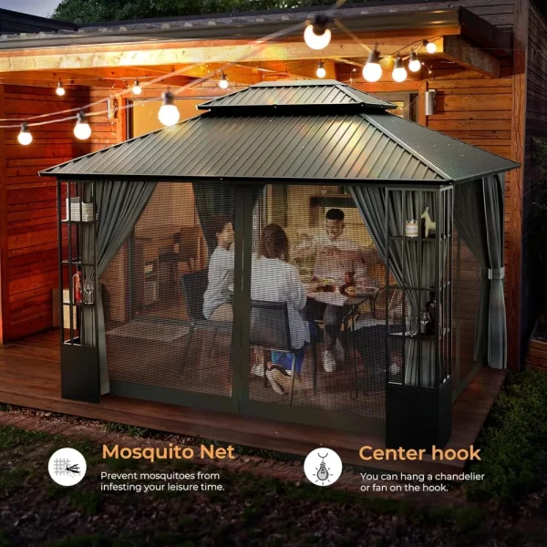 10x 12Hardtop Gazebo,with Netting and Curtains, Double Roof Permanent Patio Metal Gazebos Canopy for Patio, Deck, Outdoor Gazebo - Image 6
