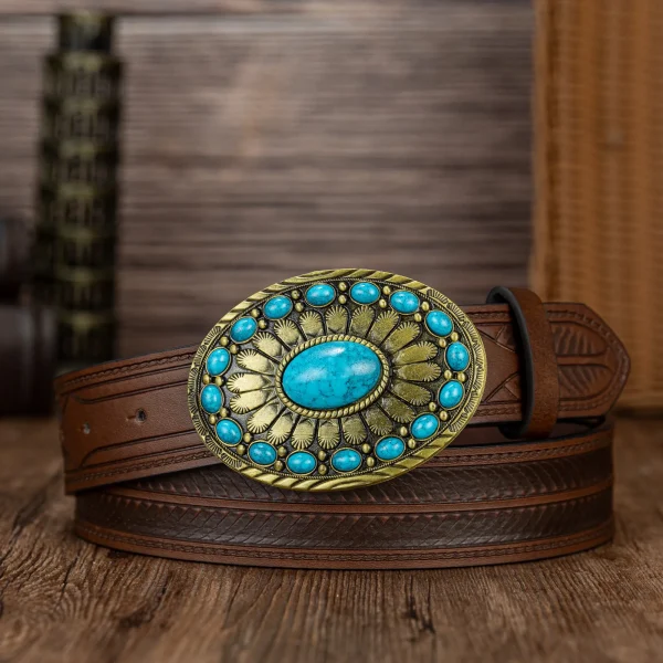 Red sapphire oval big plate buckle simple matching stripe PU embossed button belt - Image 6