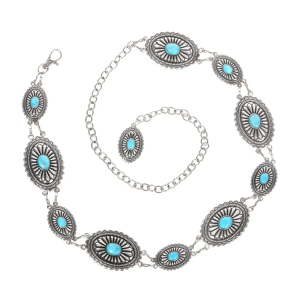 Beach Carved Flower Tribal Tassel Waist Chain Beads Natural Turquoise Chain - Image 8