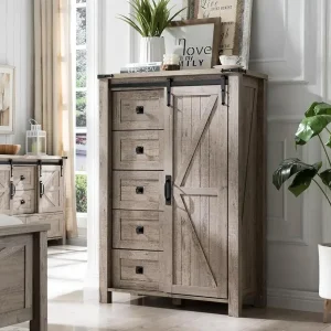 5 Drawers/Sliding Barn Door, Farmhouse Modern Tall Dresser 5 Chest of Drawers,Storage Organizer Dresser for Bedroom, Living Room
